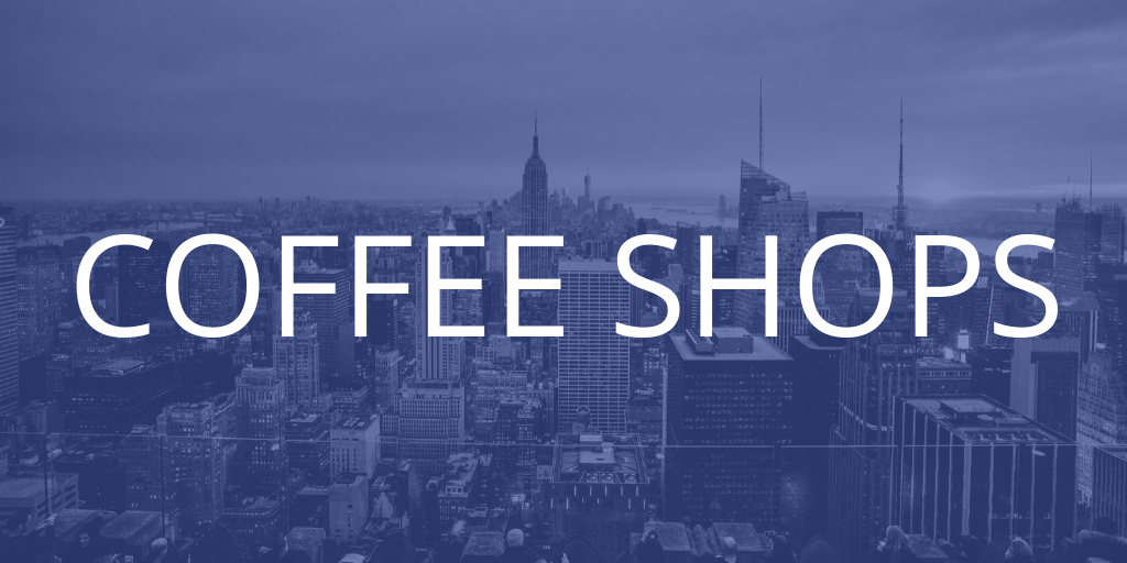 A New York skyline with a blue tint over it, the text introduces the coffee shops section of the article